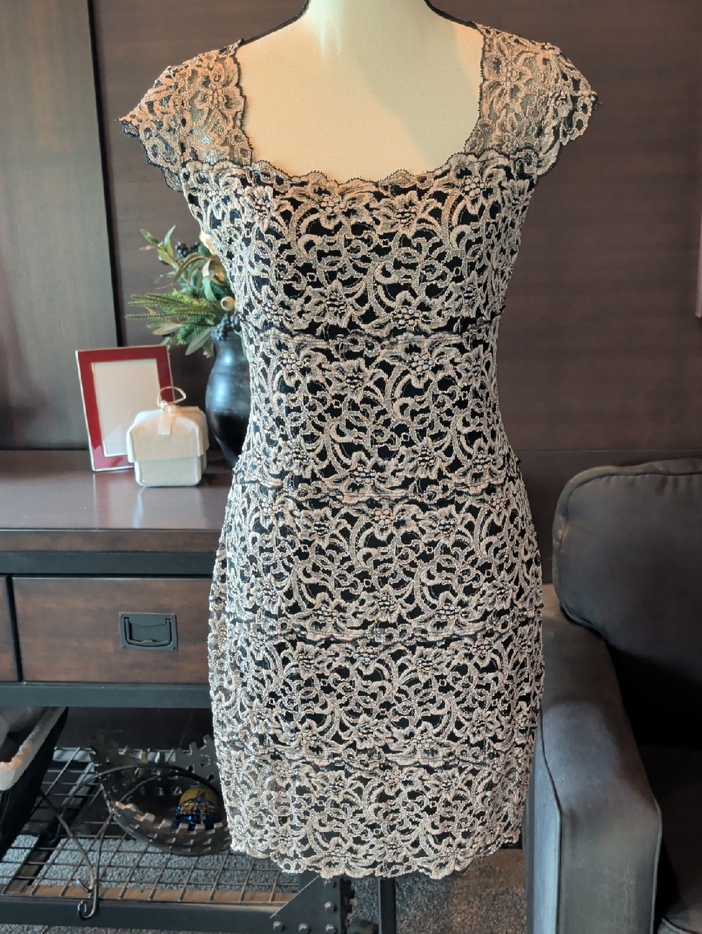 White House Black Market Black Dress with Cream Lace Overlay